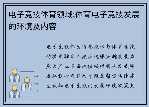 电子竞技体育领域;体育电子竞技发展的环境及内容
